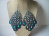 Massive Chandelier Earrings, Silver Toned Turquoise Ethnic Peacock 5" Long 82016