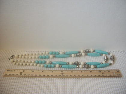Vintage 24" Southwestern Blue Turquoise White Acrylic Silver Metal Beads Necklace 030121