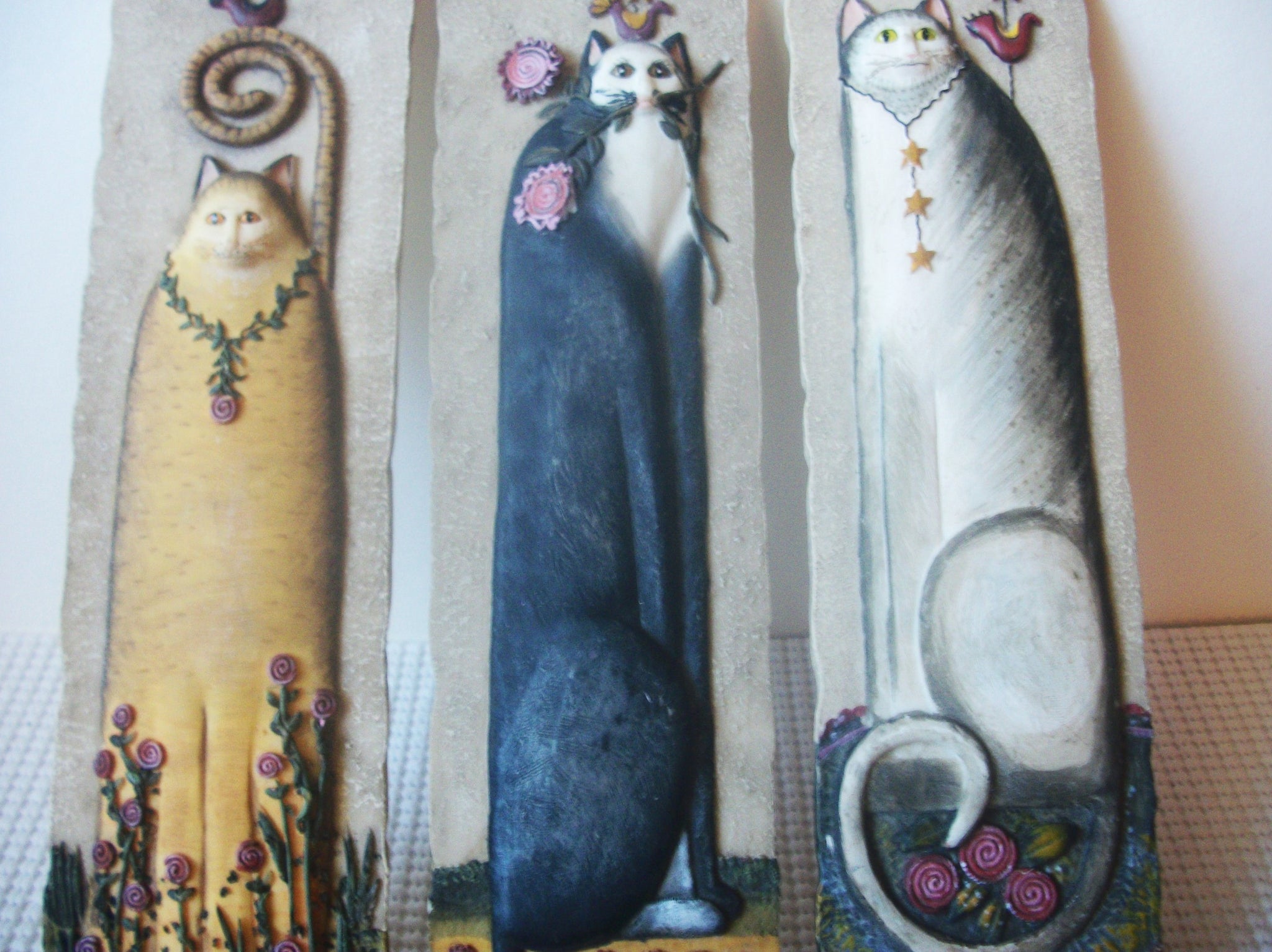 3 Vintage E. Smithson 3D Plaque | Folk Cat Art Tile | Wall Art Cat Panels Wall Decor C300