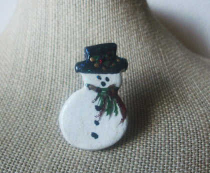 Vintage Brooch Pin, Happy Snowman, Hand Painted, Ceramic, 022021