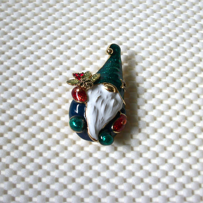Thicker Larger Vintage Brooch Pin Signed NAPIER Christmas Gnome Enameled Colorful Crystals Gold Tone 030621