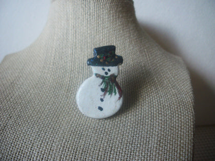 Vintage Brooch Pin, Happy Snowman, Hand Painted, Ceramic, 022021