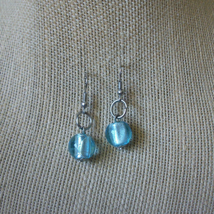 Vintage Pierced Earrings Silver Toned Frosted Light Blue Foil Glass 51016