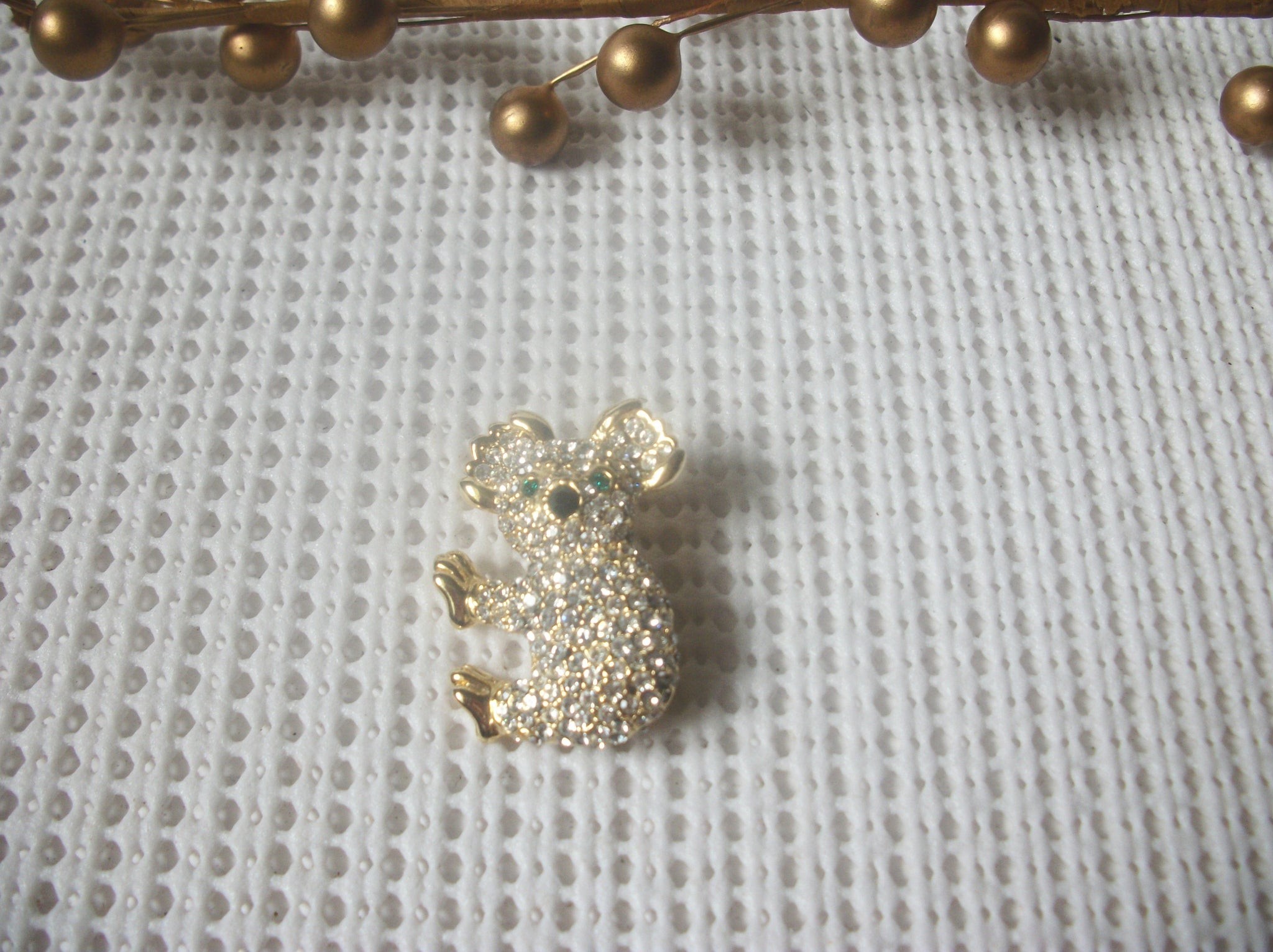 RARE Vintage Brooch Pin, Koala Bear Clear Crystals Green Rhinestone Eyes, Gold Tone 82317