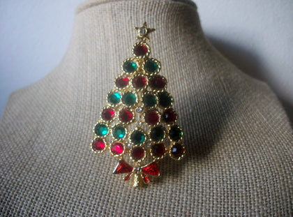 Larger Vintage Jewelry Christmas Tree, Red Green Crystal, Rhinestones, Gold Tone, Brooch Pin 53018