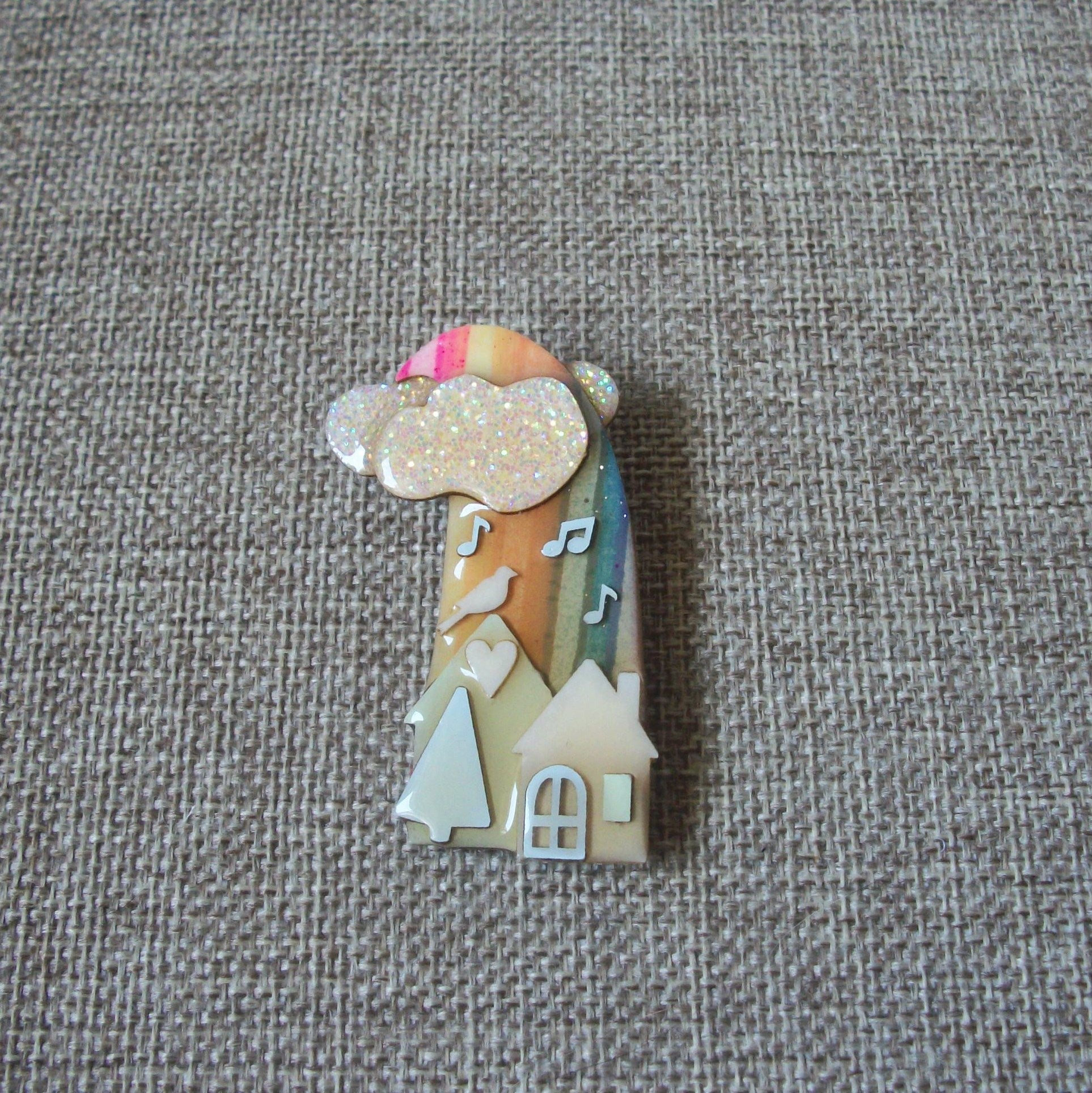 RARE Lucinda House Pins Birds Singing Musical Notes Cloud Glitter Rainbow 42617