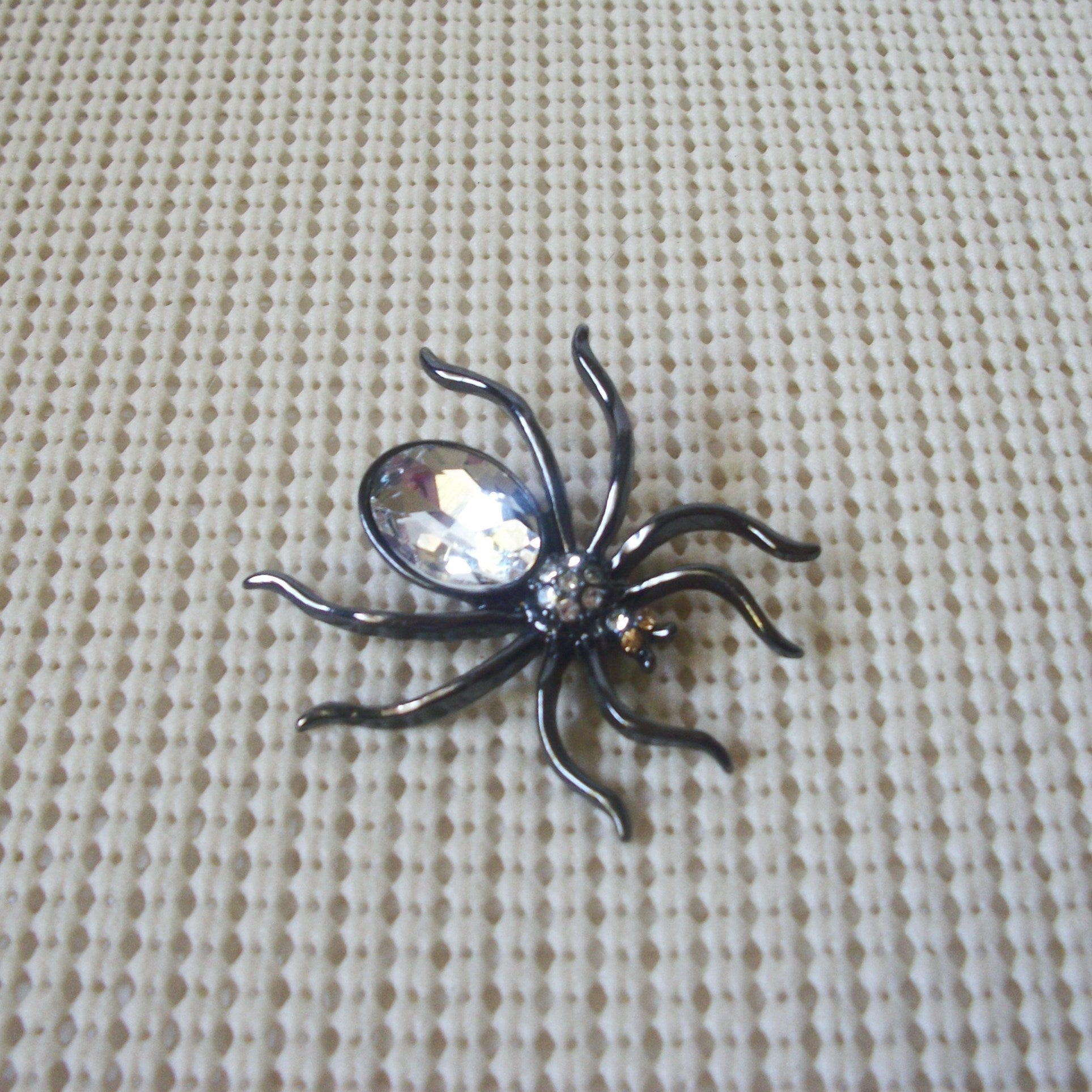Vintage Brooch Pin, Halloween Spider Clear Crystals Glass Dark Metal 122220