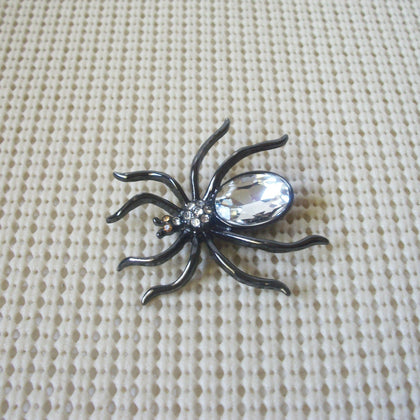 Vintage Brooch Pin, Halloween Spider Clear Crystals Glass Dark Metal 122220