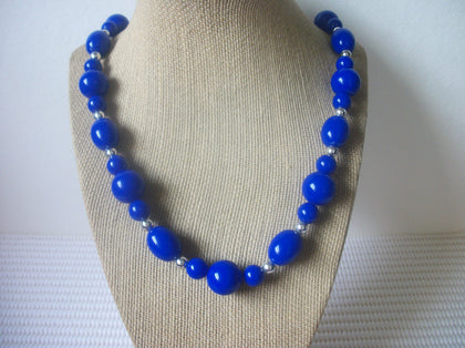 Vintage 24" Gorgeous Bright Royal Blue Acrylic Beads Silver Tone Spacers Necklace 31017