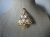 Larger Vintage Jewelry Christmas Tree, White Faux Pearls, Clear Crystals, Gold Tone, Brooch Pin 53018