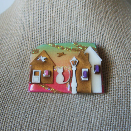Vintage Lucinda House Pins, Colorful Fall Glitter Birds Flying Little Cute Cat 021321