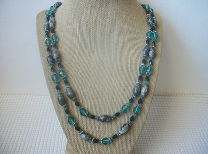 Vintage 48" Gray Blue Silver Lucite Old Plastic Beads Necklace 030121