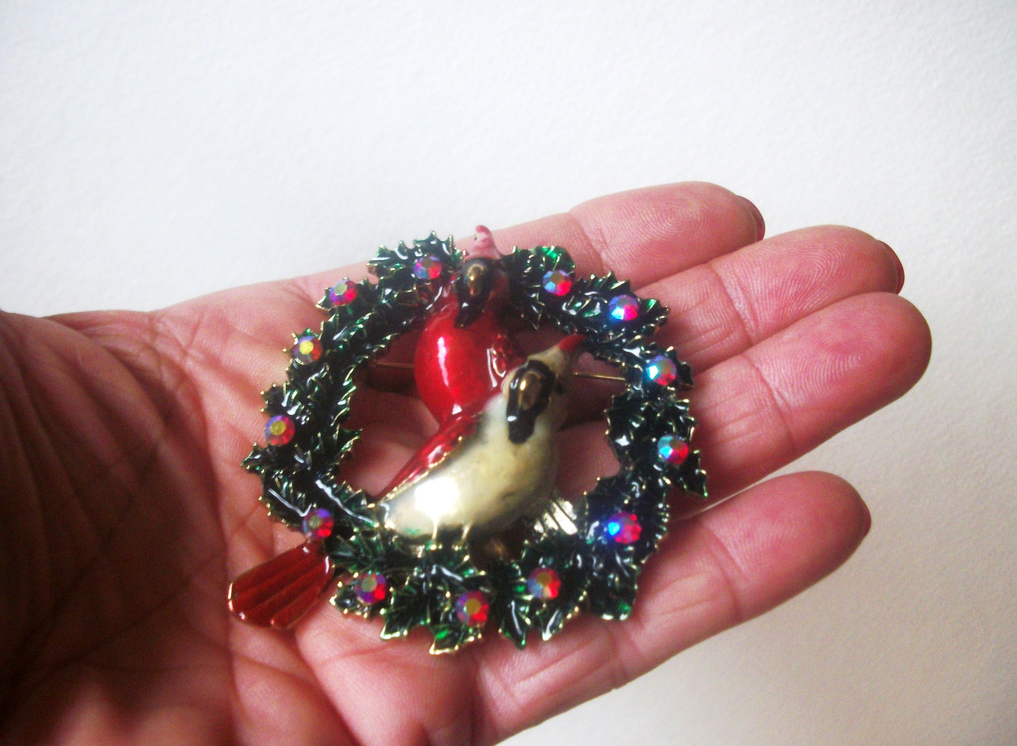 Larger Retro Jewelry Beautiful Holiday Birds, Festive Wreath, AB Crystals, Aurora Borelias, Gold Tone Brooch Pin 022621