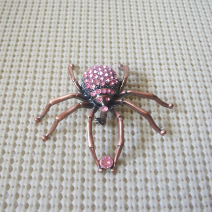 Larger Vintage Brooch Pin, Halloween Spider Pink Crystals Inlays Copper Tone Distressed Metal 122220