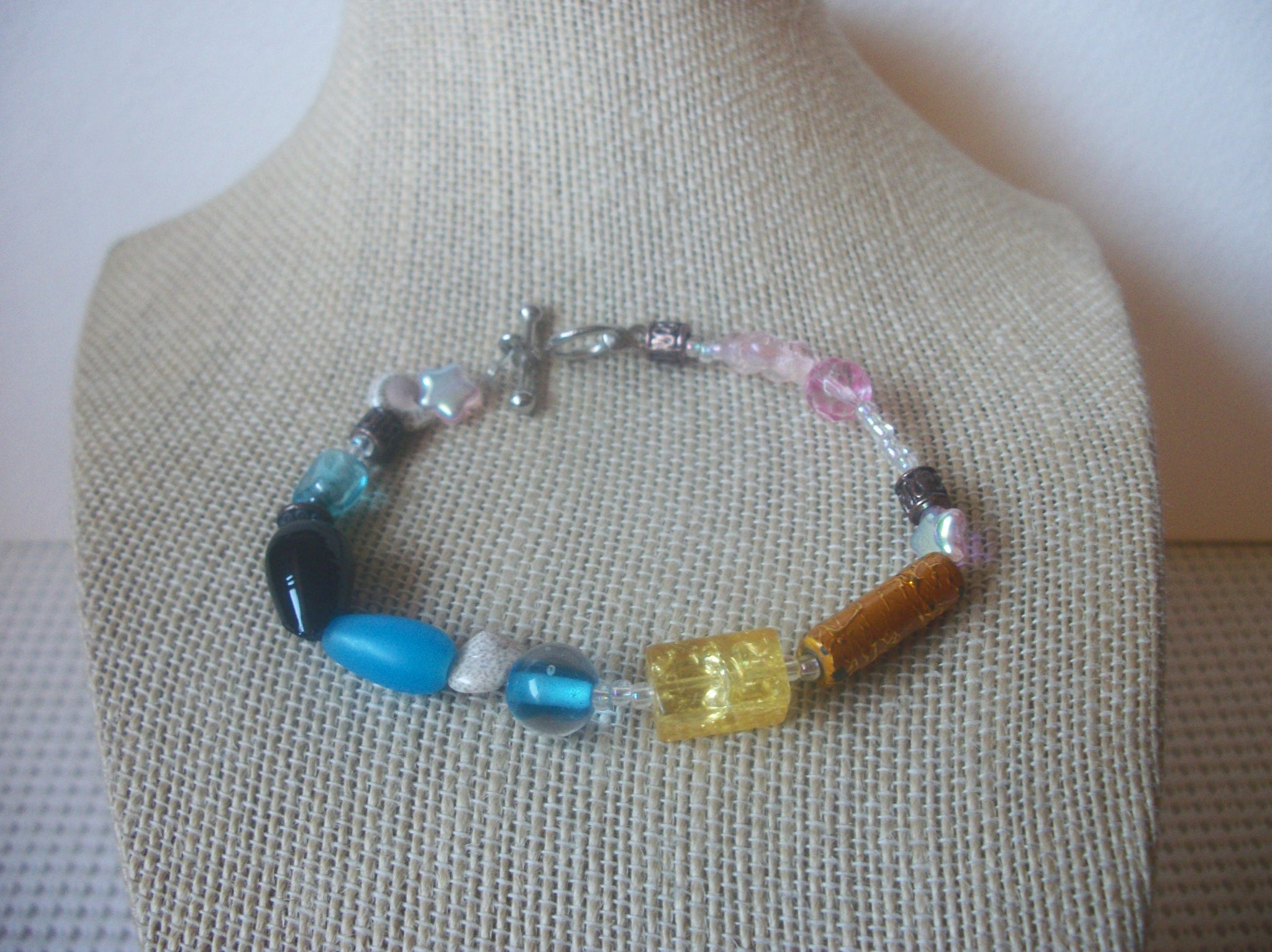 Colorful Foil Sea Glass 7 3/4" Long Bracelet Vintage  63017