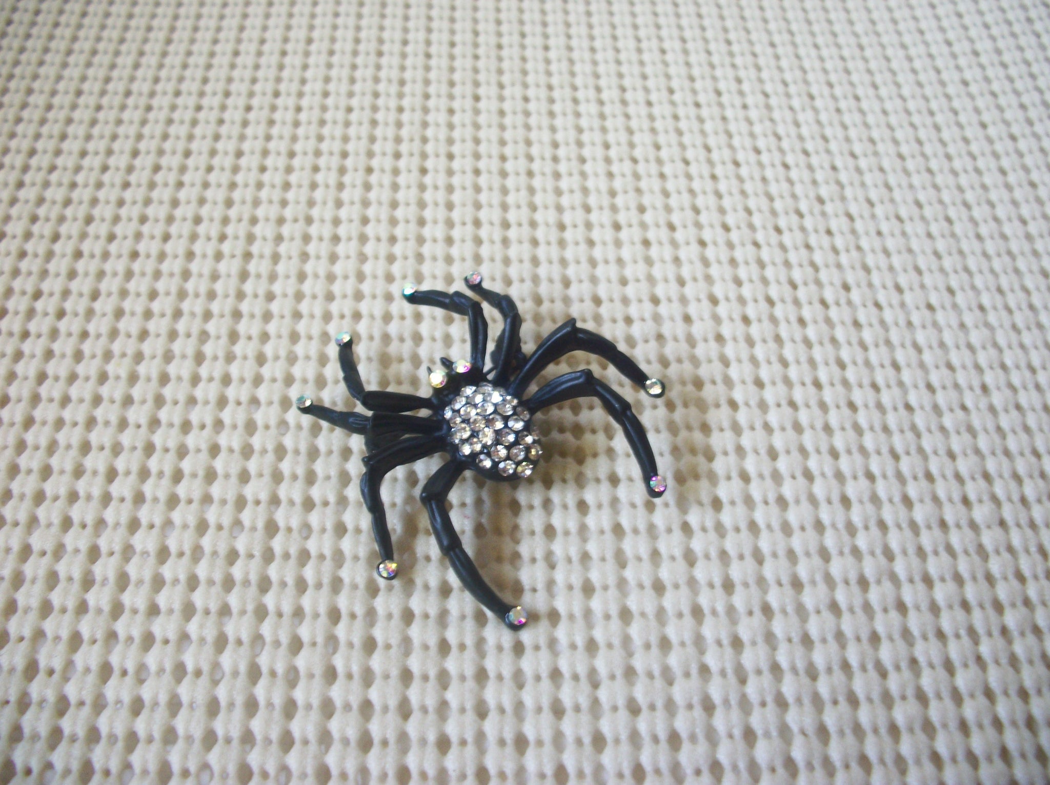 Vintage Brooch Pin, Halloween Spider Clear Crystals Inlays Black Tone Metal 122220