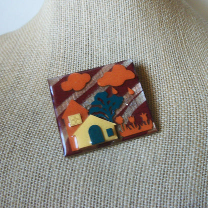 Vintage Lucinda House Pins, Fall Clouds Rain Drops Tree Tulips Growing 021321