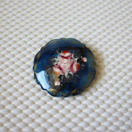Vintage Brooch Pin Signed Lacquered Hand Painted Wood Floral Design 51016