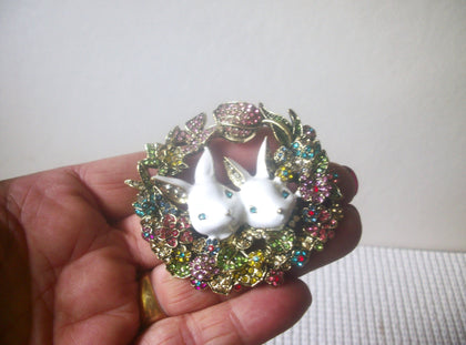 Larger Heavier Vintage Brooch Pin, Sweet Easter Bunnies, Colorful Rhinestones, Enameled Gold Tone 91916