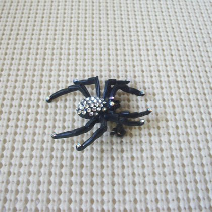 Vintage Brooch Pin, Halloween Spider Clear Crystals Inlays Black Tone Metal 122220
