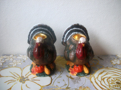 Gobble Gobble Thanksgiving Hand Painted 1960s Ceramic Candle Holders Set of 2X C200