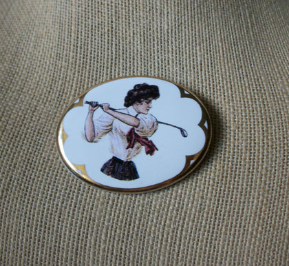 Vintage Brooch Pin, Golfing Ladies Originals Porcelain Signed 030521