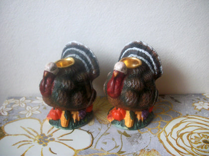 Gobble Gobble Thanksgiving Hand Painted 1960s Ceramic Candle Holders Set of 2X C200