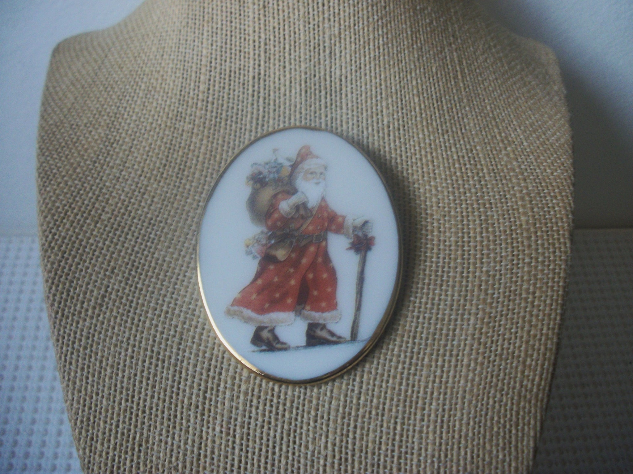 Larger Vintage Brooch Pin, Germany Limoge Glass Hand Painted Santa Presents Gold Plated Trim 7817