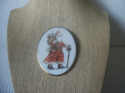 Larger Vintage Brooch Pin, Germany Limoge Glass Hand Painted Santa Presents Gold Plated Trim 7817