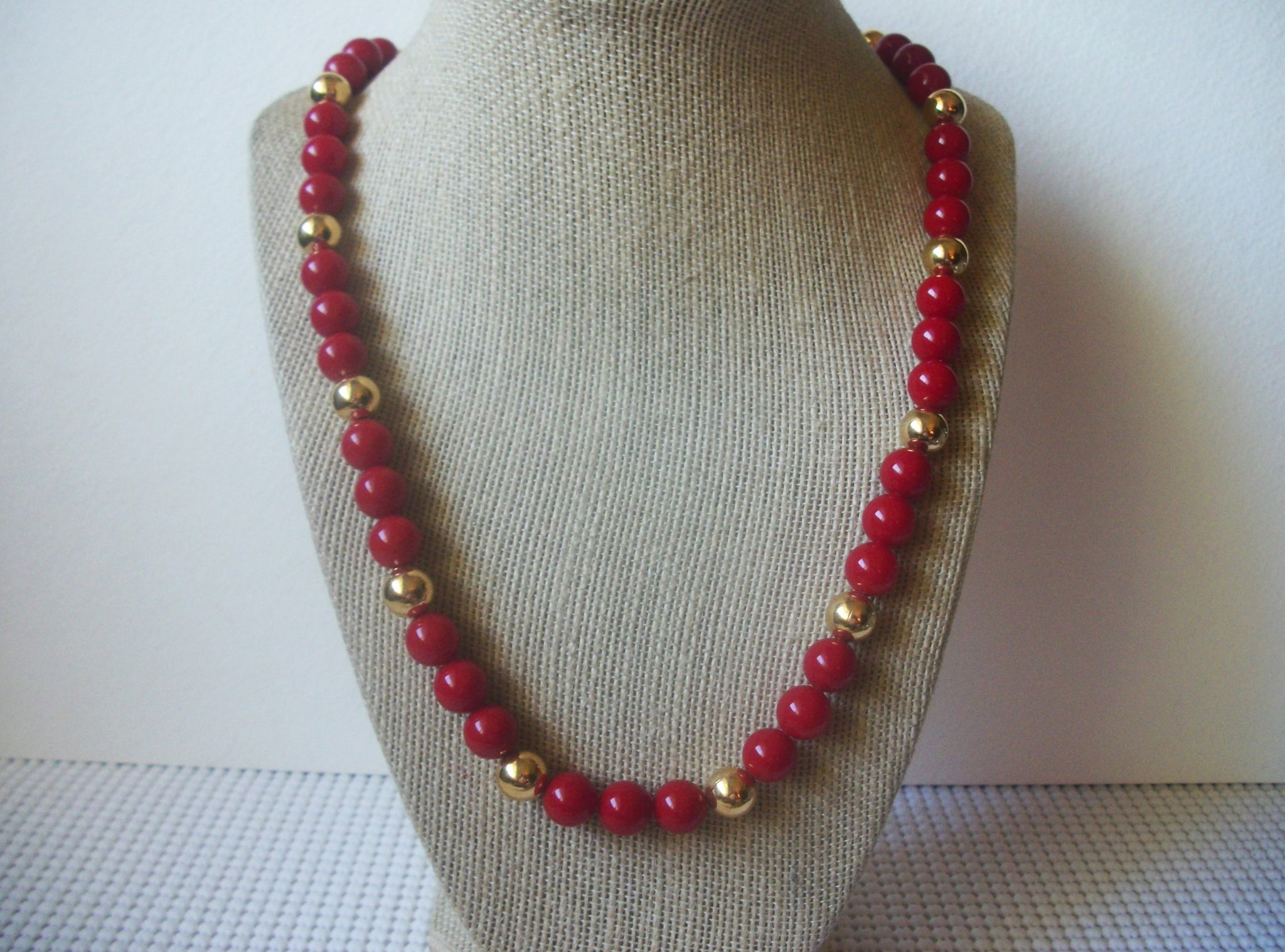 Signed NAPIER, 24" Long Red Acrylic , Gold Tone Beads, Vintage Necklace 51018