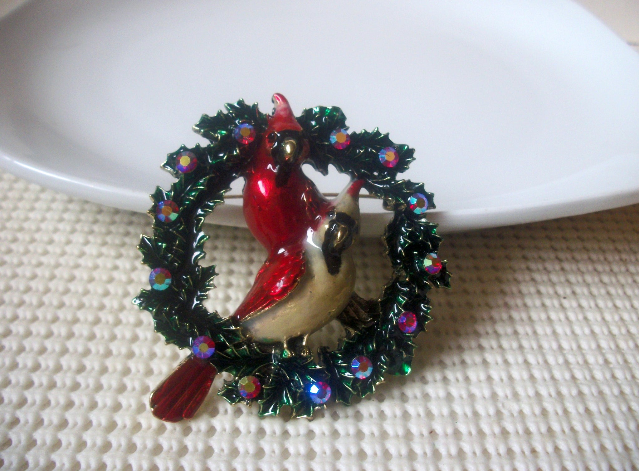 Larger Retro Jewelry Beautiful Holiday Birds, Festive Wreath, AB Crystals, Aurora Borelias, Gold Tone Brooch Pin 022621