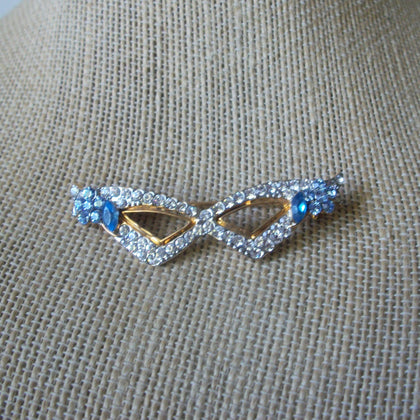 Vintage Brooch Pin Cats Eye Glasses Clear Blue Crystals Gold Tone 122220