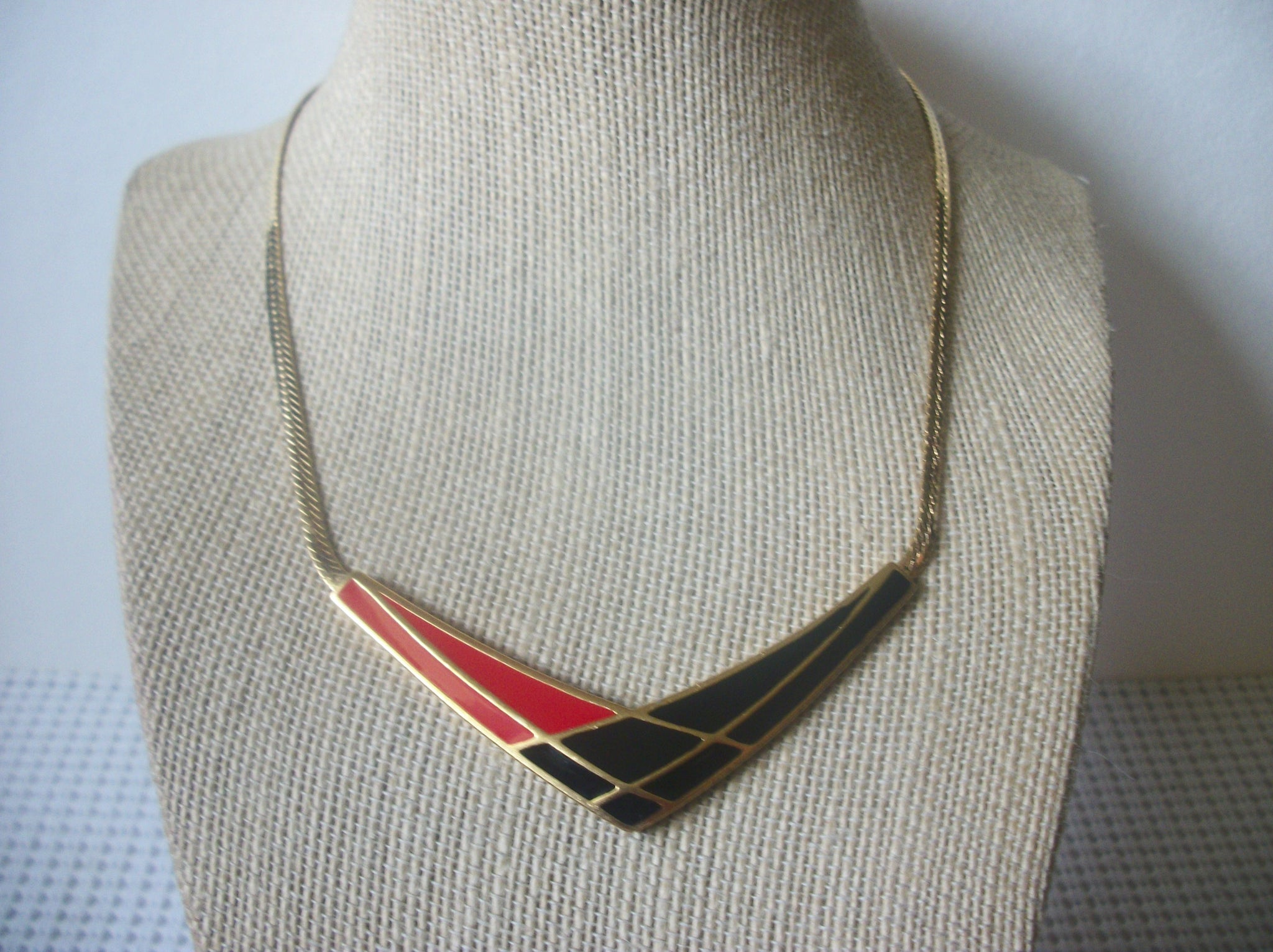 Vintage 15" Necklace, Signed AVON Enameled Red Black Bar Panel, Gold Tone 121816