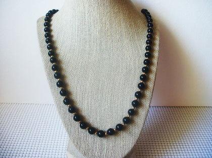 Signed MONET, 30" Long Black Acrylic , Gold Tone Beads, Vintage Necklace 51018