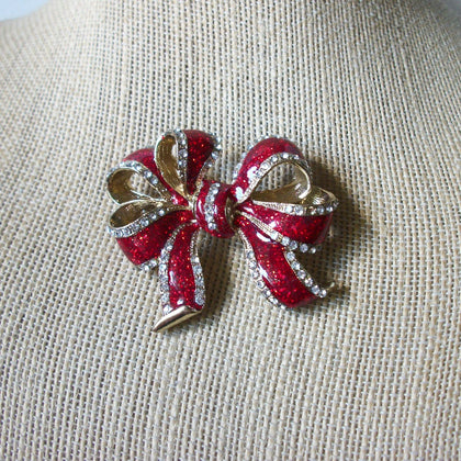 Vintage Brooch Pin Festive Ribbon Red Enameled Clear Crystals Gold Tone 030621