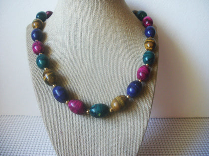 Retro Hand Painted, 24" Long, Colorful Acrylic , Gold Tone Beads, Vintage Necklace 51018
