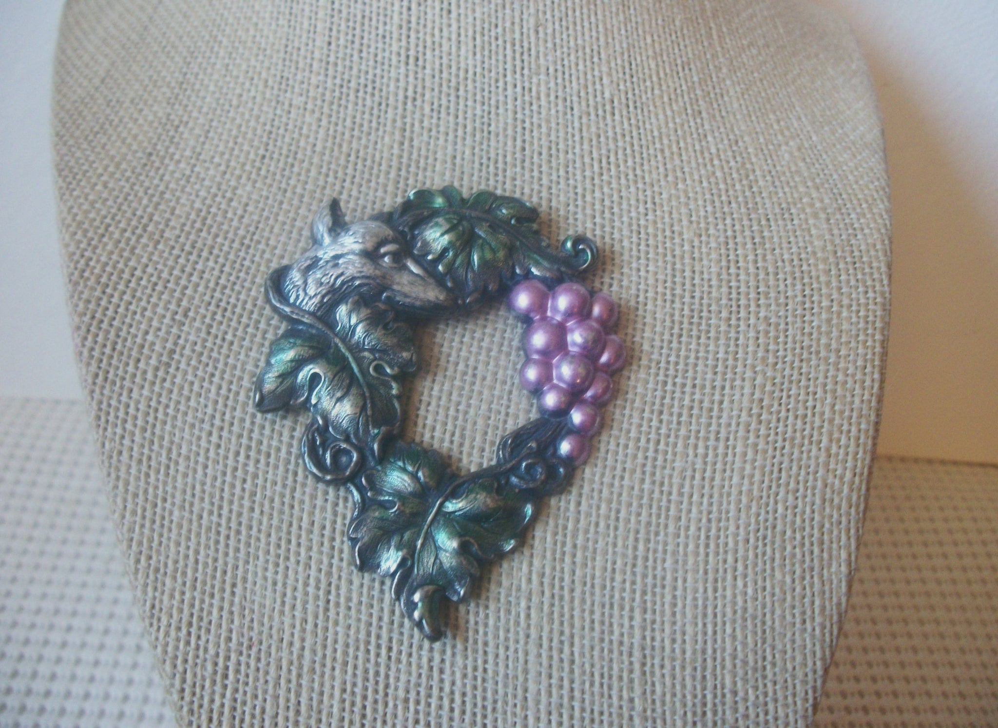 Larger, Vintage Fantasy Wolf Grapes Vine Leaves, Dark Silver Brooch Pin 022421