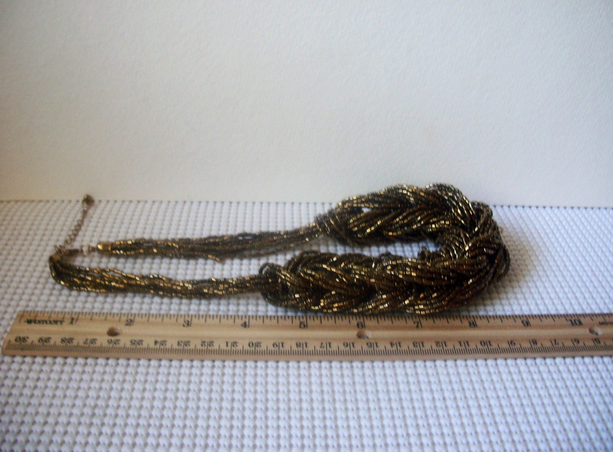 Retro Jewelry, 18" - 21" Long, Bronze Golden Micro Seed Beads, Braided, Very Thick, Vintage Necklace 51018