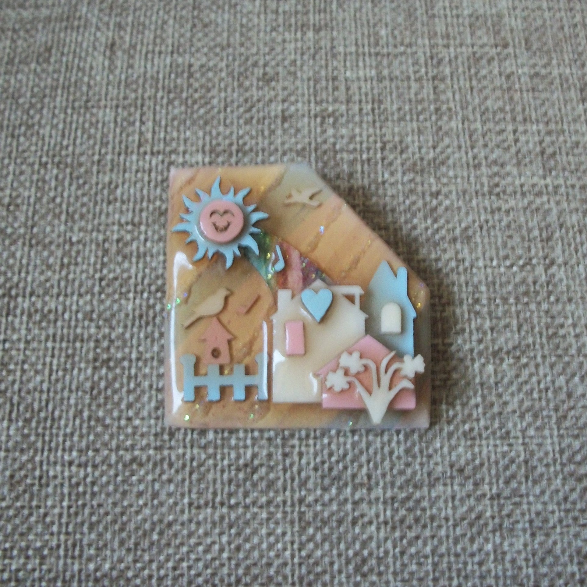 Vintage Lucinda House Pins Glitter Sky Mellow Sunny Day Happy Sun Birds Flowers
