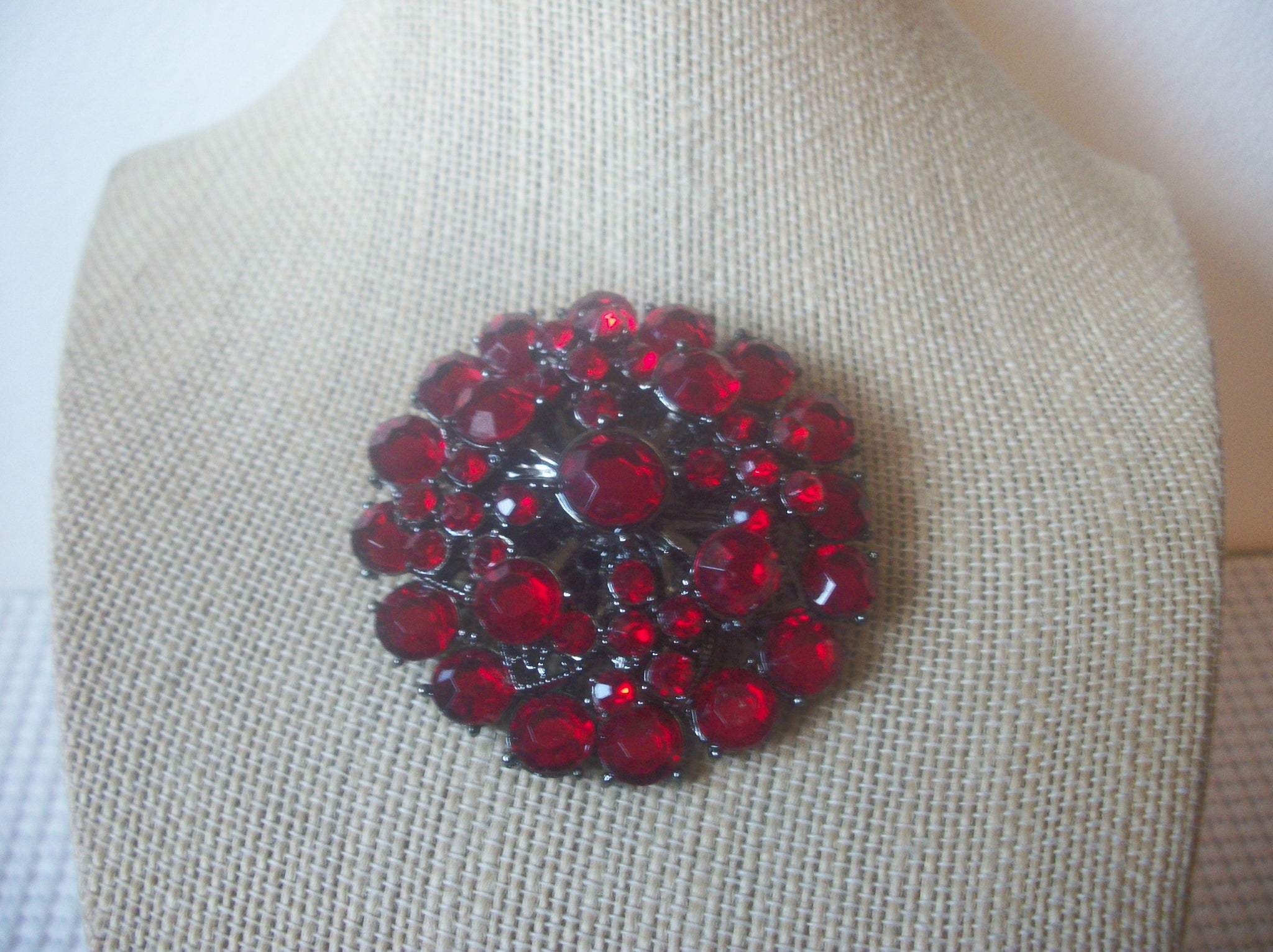 Heavier Thicker, Darker Metal, Victorian Red Bright, Rhinestones Floral Burst Brooch Pin 62018