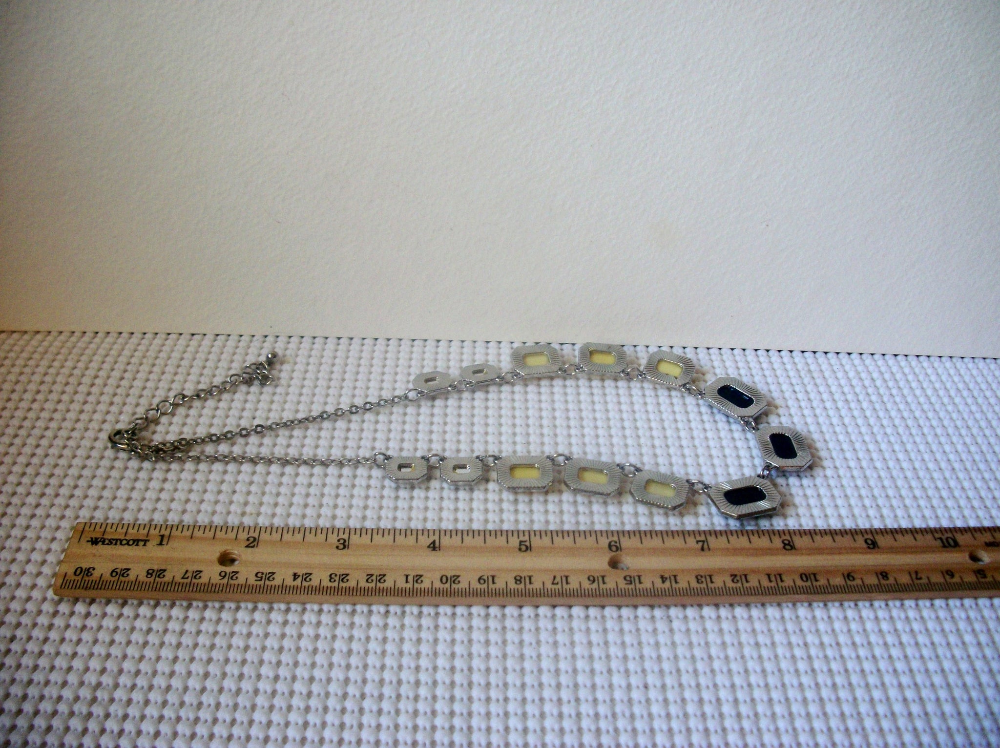 Signed NY Jewelry, 16" - 19" Long, Yellow Frosted, Black, Panels, Silver Tone, Vintage Necklace 51018