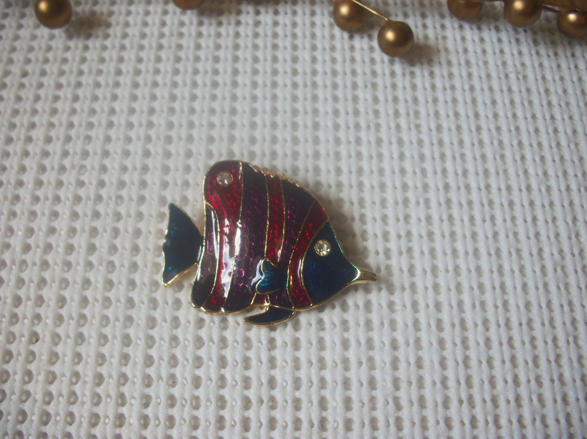 Vintage Brooch Pin, Cute Tropical Fish Colorful Enameled Clear Crystals Green Rhinestone Eyes, Gold Tone 82317