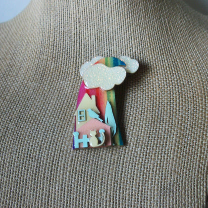 Vintage Lucinda House Pins Rainbow Glitter Cloud Happy Day Little Cat Tree 021321