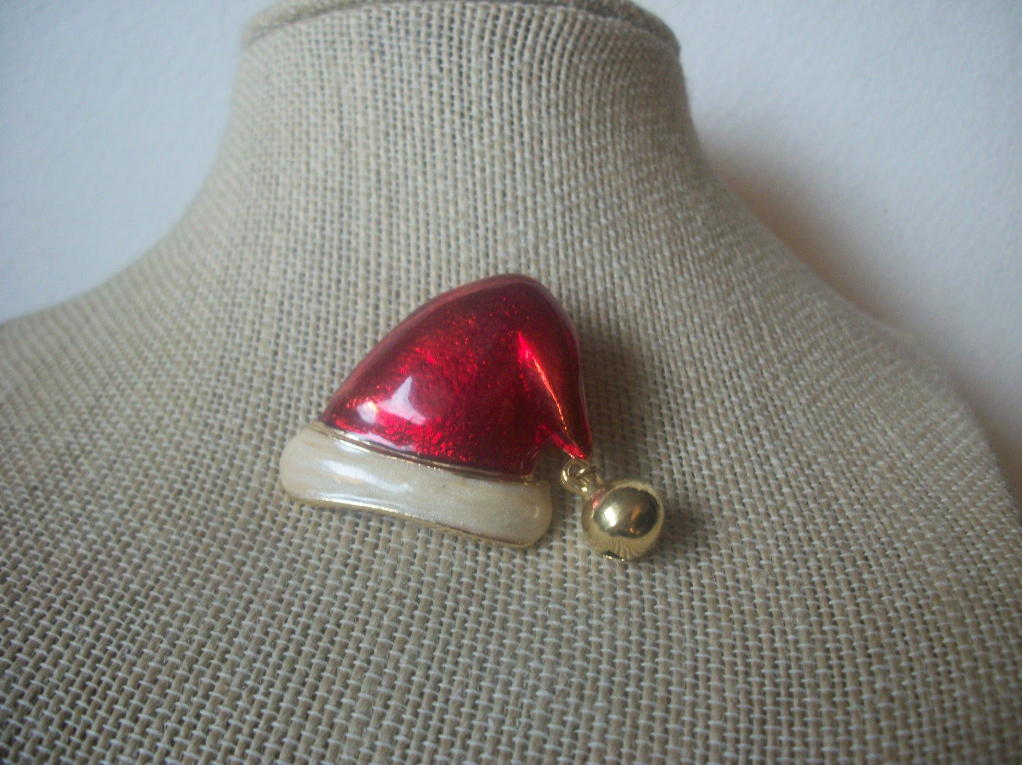 Vintage Jewelry Enameled Santa Hat, Red Cream White Bell Ringing Brooch Pin 022321