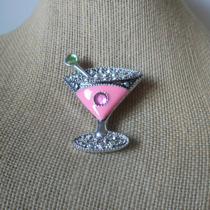 Vintage Brooch Pin, Girl Pink Martini Glass Green Pink Rhinestones Silver Tone, 122220