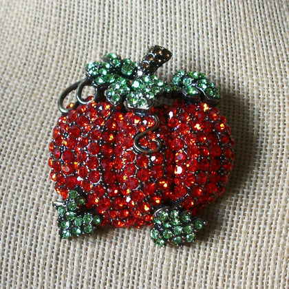 Thicker Larger Vintage Brooch Pin Halloween Pumpkin Sparkling Orange Green Crystals Dark Metals 030521