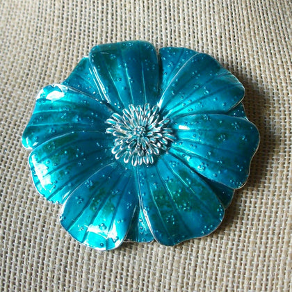 Larger Vintage Brooch Pin Floral Vivid Blue Flower Enameled Silver Tone 030521