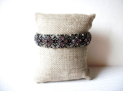 Retro Dark Silver Toned Rose Pink Rhinestones Stretch Bracelet 92917