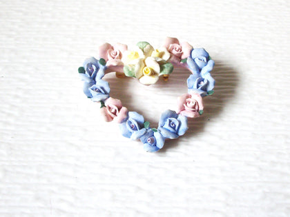 Vintage Pastel Roses Heart Brooch 30717