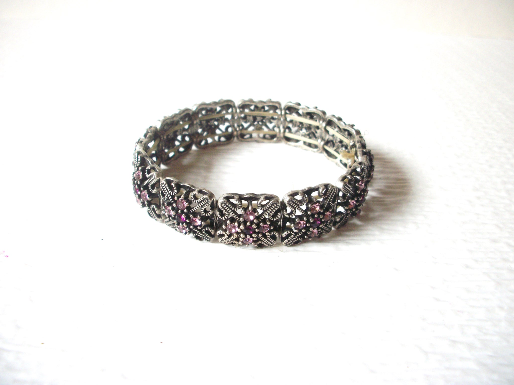 Retro Dark Silver Toned Rose Pink Rhinestones Stretch Bracelet 92917